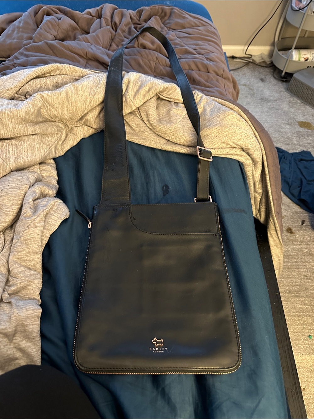 Black Leather Crossbody Tote with Adjustable Strap